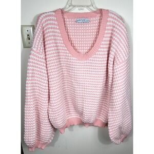 Petal Pup Sweater Womens L Pink White Stripe Waffle Knit Balloon Sleeve Feminine